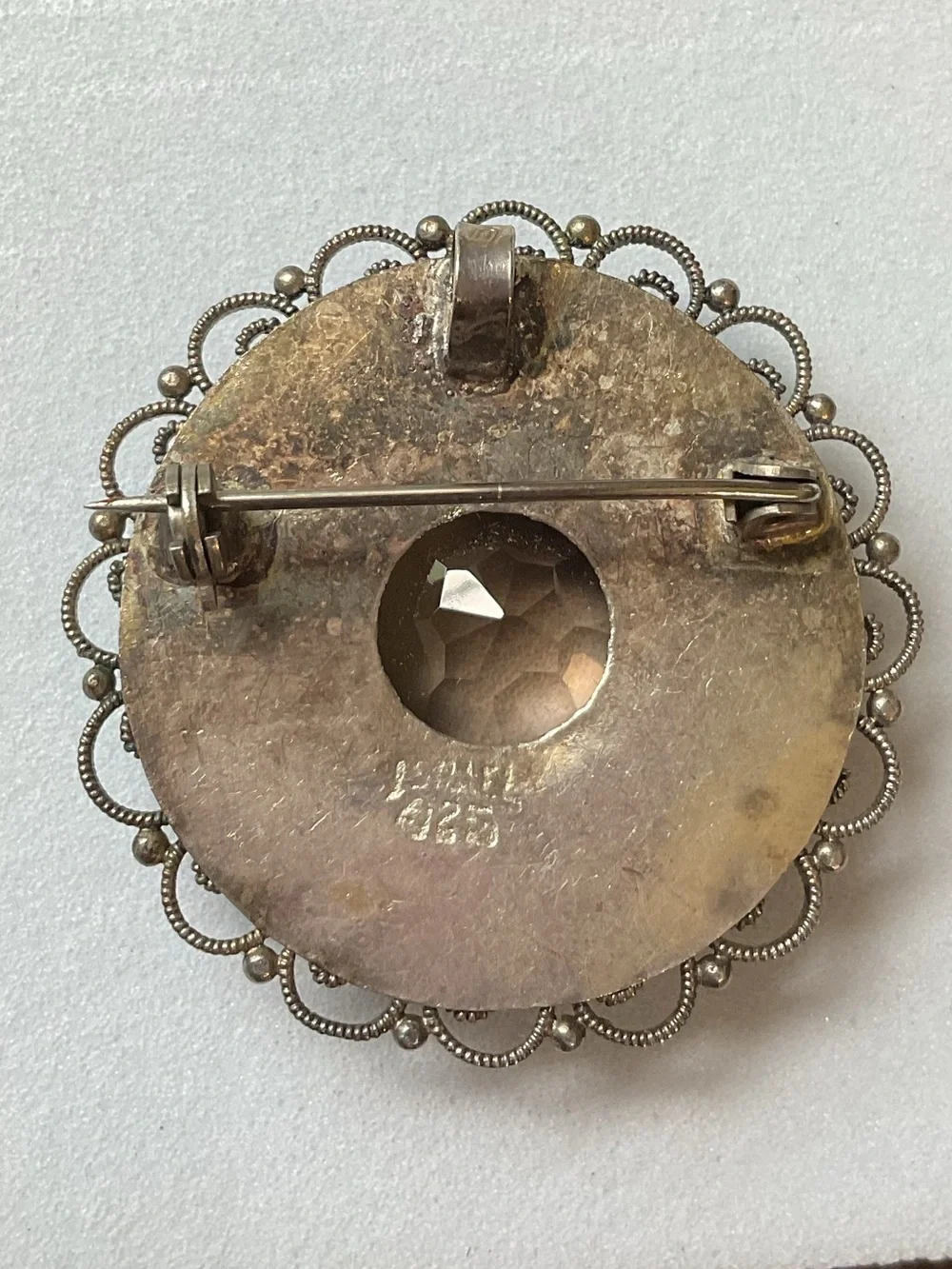 Vintage Israel Sterling Silver Smoky Quartz Filigree Brooch Pendant